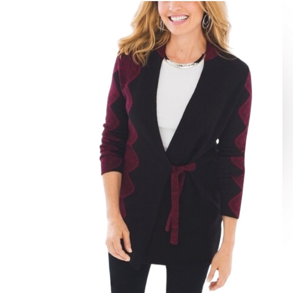 Chico's Blocked Pattern Sparrow Cardigan Long Line Tie Waist Long Sleeve Size 3X